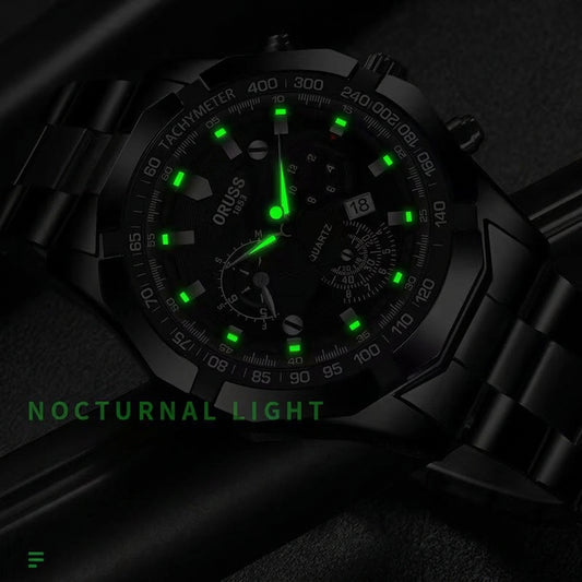 Orologio al Quarzo da Uomo Cinturino in Lega Acciaio Impermeabile Luminoso Cronografo con Calendario e Tachimetro