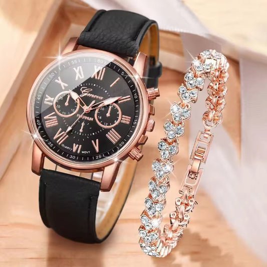 Orologio nero e bracciale con cuori
