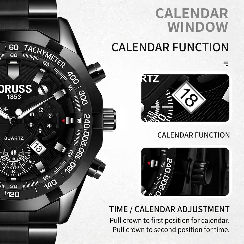 Orologio al Quarzo da Uomo Cinturino in Lega Acciaio Impermeabile Luminoso Cronografo con Calendario e Tachimetro