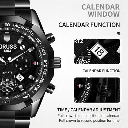 Orologio al Quarzo da Uomo Cinturino in Lega Acciaio Impermeabile Luminoso Cronografo con Calendario e Tachimetro