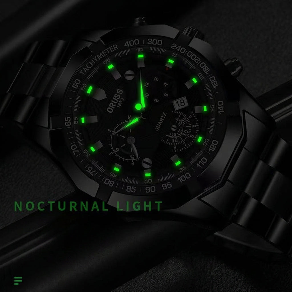 Orologio al Quarzo da Uomo Cinturino in Lega Acciaio Impermeabile Luminoso Cronografo con Calendario e Tachimetro