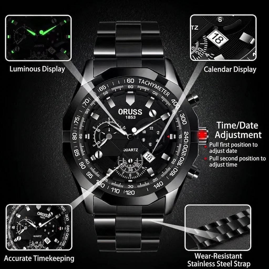 Orologio al Quarzo da Uomo Cinturino in Lega Acciaio Impermeabile Luminoso Cronografo con Calendario e Tachimetro