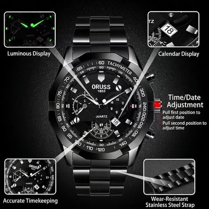 Orologio al Quarzo da Uomo Cinturino in Lega Acciaio Impermeabile Luminoso Cronografo con Calendario e Tachimetro