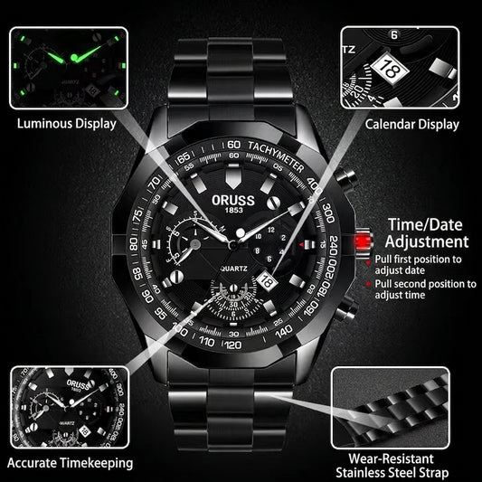 Orologio al Quarzo da Uomo Cinturino in Lega Acciaio Impermeabile Luminoso Cronografo con Calendario e Tachimetro