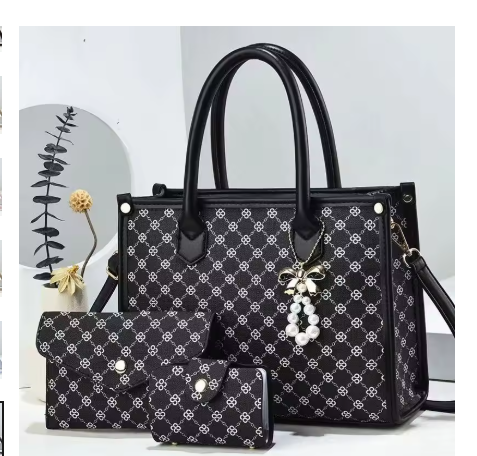 Set donna di tre pezzi nero con borsa tote, pochette e portafoglio coordinati