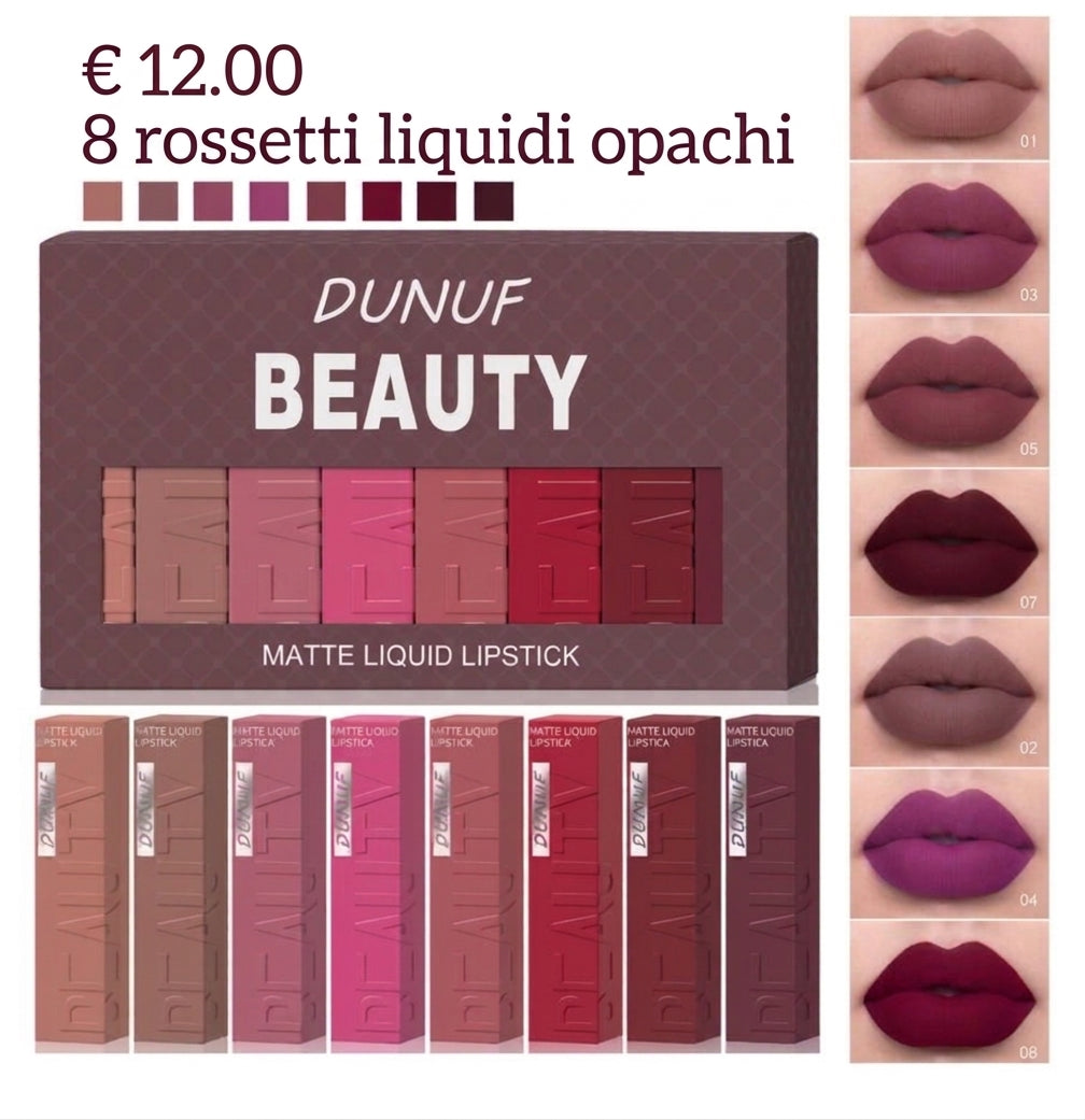Set DUNUF Beauty con 8 rossetti liquidi opachi in tonalità assortite