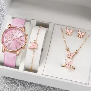 Set rosa con farfalle composto da orologio, collana, orecchini, anello e bracciale