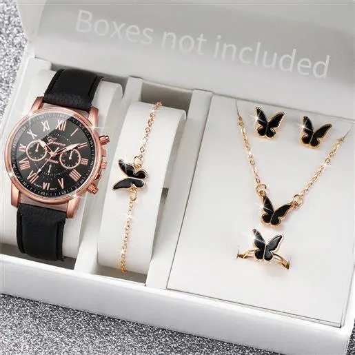 Set nero con farfalle: orologio, bracciale, collana, orecchini e anello, senza confezione regalo