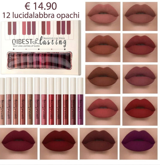 Set QIBEST di 12 rossetti liquidi opachi con tonalità nude, rosa e rosse